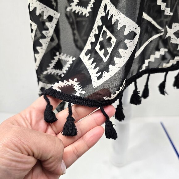 Women's Black White Aztec Tribal Fringe Boho Swim Cover Cardigan Kimono Poncho - Picture 6 of 7